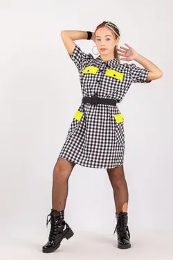 پیراهن بسته جیب دار پارچه کمربند‎دار چهارخانه دخترانه رو دکمه برند ChixModa کد 1648053912