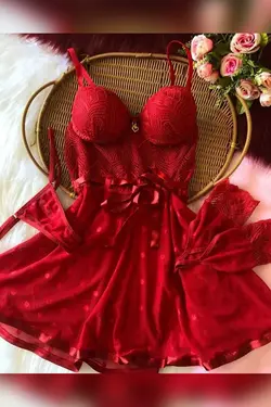 لباس شب توری sofya قرمز برند Pembishomewear کد 1648081515