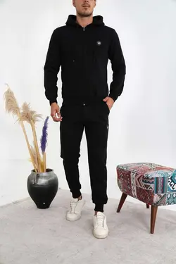 ست لباس راحتی نخی نخ آرم دار زیپدار مشکی مردانه برند 3MODA کد 1698603646