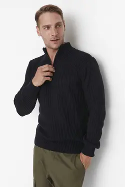 پلیور متناسب یقه نیمه اسکی سرمه ای زیپدار مردانه برند TRENDYOL MAN کد 1698160280