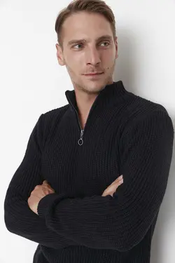 پلیور متناسب یقه نیمه اسکی سرمه ای زیپدار مردانه برند TRENDYOL MAN کد 1698160280