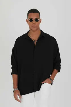 پیراهن گشاد کتان بافتنی مشکی مردانه برند JAKARLI کد 1697806938