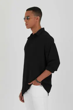 پیراهن گشاد کتان بافتنی مشکی مردانه برند JAKARLI کد 1697806938