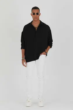 پیراهن گشاد کتان بافتنی مشکی مردانه برند JAKARLI کد 1697806938