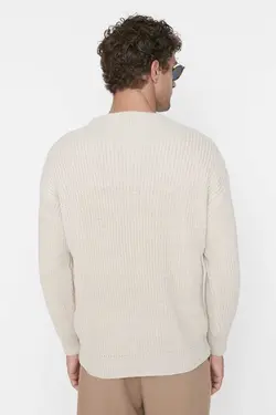 پلیور بافتنی قالب گشاد ساده یقه گرد بژ مردانه برند TRENDYOL MAN کد 1696342570