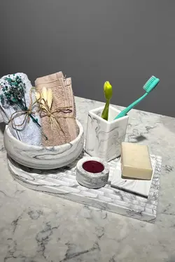 ست جا حوله ای ظرف صابون سرویس بهداشتی توالت دندان طرح‎دار سنگ مرمر مسواک زدن برند betonmall کد 1696145849