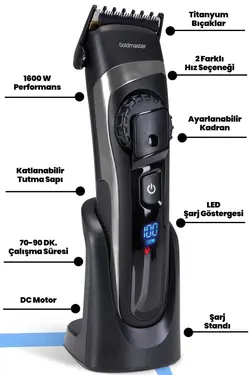 دستگاه ریش led سر/مو قابل تنظیم استند‎دار شارژ اصلاح موتوری دی سی برند GoldMaster کد 1700235787