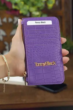 کاغذی قسمته سکه کروکودیل طرح‎دار پوست تمساح بنفش جا کارتی &amp; زیپدار زنانه اصل برند Tonny Black کد 1700443932