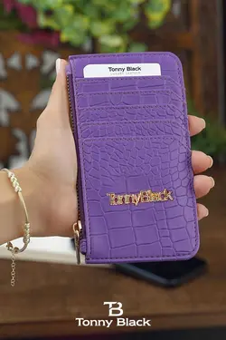 کاغذی قسمته سکه کروکودیل طرح‎دار پوست تمساح بنفش جا کارتی &amp; زیپدار زنانه اصل برند Tonny Black کد 1700443932