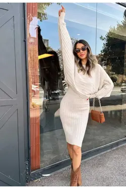 پیراهن بافتنی کرم آستین خفاشی دوتایی زنانه برند DünyaM MODA کد 1700642291