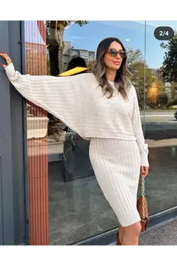 پیراهن بافتنی کرم آستین خفاشی دوتایی زنانه برند DünyaM MODA کد 1700642291