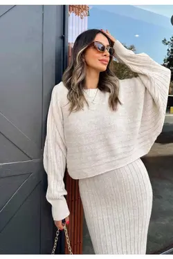 پیراهن بافتنی کرم آستین خفاشی دوتایی زنانه برند DünyaM MODA کد 1700642291