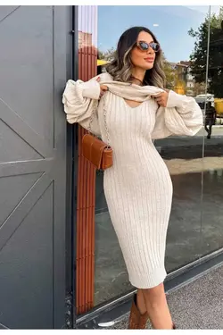 پیراهن بافتنی کرم آستین خفاشی دوتایی زنانه برند DünyaM MODA کد 1700642291