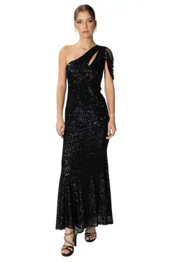 لباس مجلسی نامتفارن برش بلند یقه شانه باز ماهی پولک دوز مشکی زنانه برند HOX'S کد 1700630061