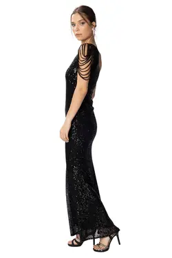 لباس مجلسی نامتفارن برش بلند یقه شانه باز ماهی پولک دوز مشکی زنانه برند HOX'S کد 1700630061