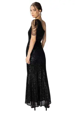 لباس مجلسی نامتفارن برش بلند یقه شانه باز ماهی پولک دوز مشکی زنانه برند HOX'S کد 1700630061