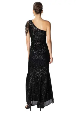 لباس مجلسی نامتفارن برش بلند یقه شانه باز ماهی پولک دوز مشکی زنانه برند HOX'S کد 1700630061