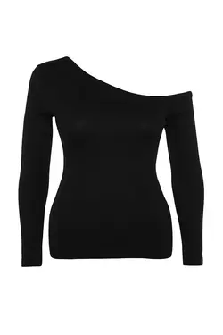 بلوز بافتنی یقه قایقی مشکی برند Trendyol Curve کد 1700627297