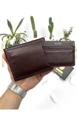 کیف پول جا کارتی اضافی قهوه مردانه چرم اصل چوبه زدن برند bayderi کد 1700562372
