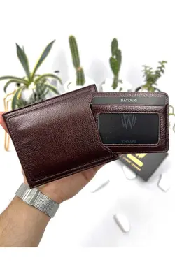 کیف پول جا کارتی اضافی قهوه مردانه چرم اصل چوبه زدن برند bayderi کد 1700562372
