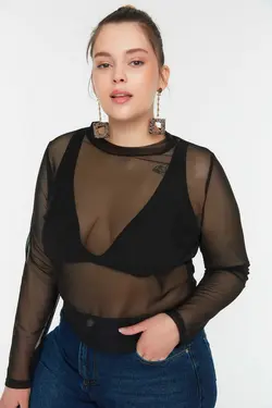 بلوز بافتنی توری مشکی برند Trendyol Curve کد 1701026552