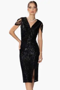 لباس مجلسی چاک دار از جلو یقه هفت پولک دوز مشکی برند HOX'S کد 1701024727