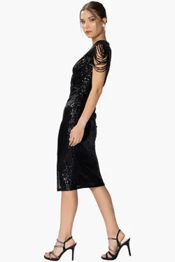 لباس مجلسی چاک دار از جلو یقه هفت پولک دوز مشکی برند HOX'S کد 1701024727