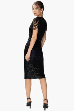 لباس مجلسی چاک دار از جلو یقه هفت پولک دوز مشکی برند HOX'S کد 1701024727