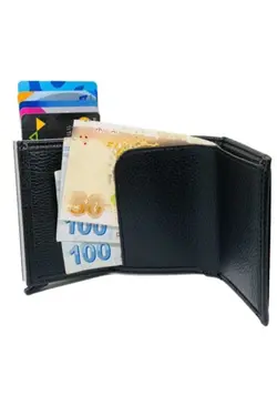 کیف پول محافظ اتوماتیک سکه چشمه‎دار جا کارتی مردانه مشکی چرم برند Walle's Polo کد 1701993681