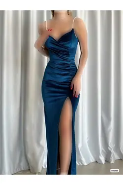 لباس مجلسی نامزدی پارچه مخملی چاک دار سنگی آبی نفتی بند‎دار زنانه برند WOST کد 1703751398