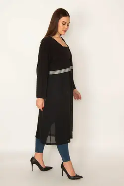 بافتنی پایین کمر شیفون بلند طرح‎دار نوار قسمتی با مشکی زنانه برند Şans کد 1648305068