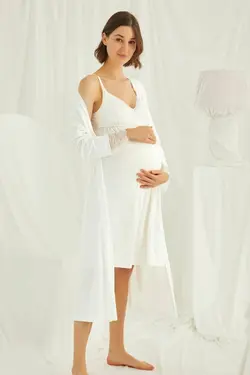 ست لباس شب شیردهی قابل تنظیم بلند و گشاد توری شیری بارداری بند‎دار زنانه برند MONAMİSE کد 1648234511