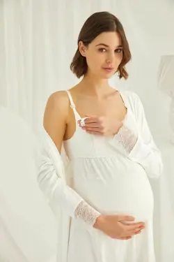 ست لباس شب شیردهی قابل تنظیم بلند و گشاد توری شیری بارداری بند‎دار زنانه برند MONAMİSE کد 1648234511