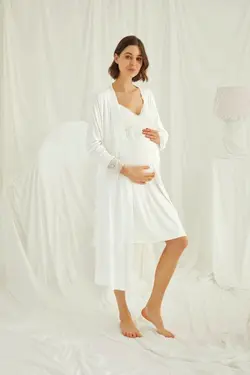 ست لباس شب شیردهی قابل تنظیم بلند و گشاد توری شیری بارداری بند‎دار زنانه برند MONAMİSE کد 1648234511