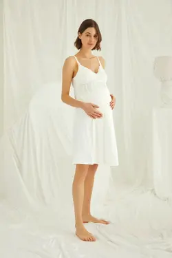 ست لباس شب شیردهی قابل تنظیم بلند و گشاد توری شیری بارداری بند‎دار زنانه برند MONAMİSE کد 1648234511