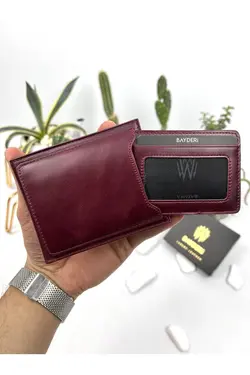 کیف پول جا کارتی اضافی زرشکی مردانه چرم اصل برند bayderi کد 1648188067
