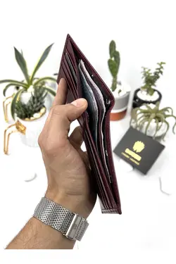 کیف پول جا کارتی اضافی زرشکی مردانه چرم اصل برند bayderi کد 1648188067