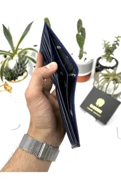 کیف پول جا کارتی اضافی سرمه ای مردانه چرم اصل برند bayderi کد 1648187888