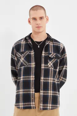 پیراهن متناسب دو جیبه آستین بلند سرمه ای چهارخونه مردانه برند TRENDYOL MAN کد 1648383991