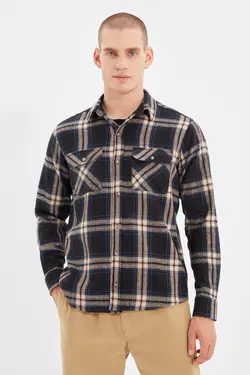 پیراهن متناسب دو جیبه آستین بلند سرمه ای چهارخونه مردانه برند TRENDYOL MAN کد 1648383991