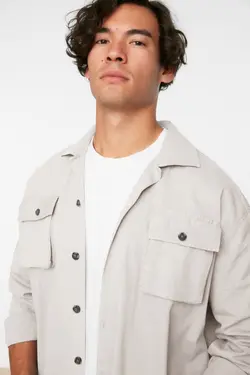 پیراهن ست گشاد یقه آستین بلند جیب‌دار شیری مردانه برند TRENDYOL MAN کد 1648383851