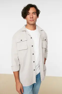 پیراهن ست گشاد یقه آستین بلند جیب‌دار شیری مردانه برند TRENDYOL MAN کد 1648383851