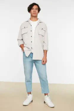 پیراهن ست گشاد یقه آستین بلند جیب‌دار شیری مردانه برند TRENDYOL MAN کد 1648383851