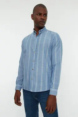پیراهن دکمه‎دار اسلیم فیت یقه راه‎راه آبی مردانه برند TRENDYOL MAN کد 1648383871