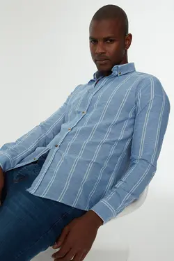 پیراهن دکمه‎دار اسلیم فیت یقه راه‎راه آبی مردانه برند TRENDYOL MAN کد 1648383871