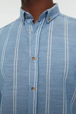 پیراهن دکمه‎دار اسلیم فیت یقه راه‎راه آبی مردانه برند TRENDYOL MAN کد 1648383871