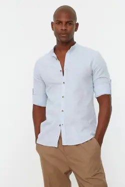 پیراهن اسلیم فیت ساده سرشونه دار یقه دیپلمات آبی مردانه برند TRENDYOL MAN کد 1648383937