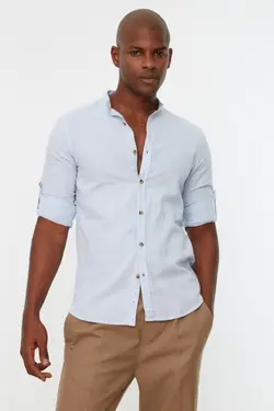 پیراهن اسلیم فیت ساده سرشونه دار یقه دیپلمات آبی مردانه برند TRENDYOL MAN کد 1648383937