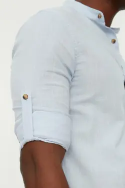 پیراهن اسلیم فیت ساده سرشونه دار یقه دیپلمات آبی مردانه برند TRENDYOL MAN کد 1648383937