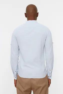 پیراهن اسلیم فیت ساده سرشونه دار یقه دیپلمات آبی مردانه برند TRENDYOL MAN کد 1648383937